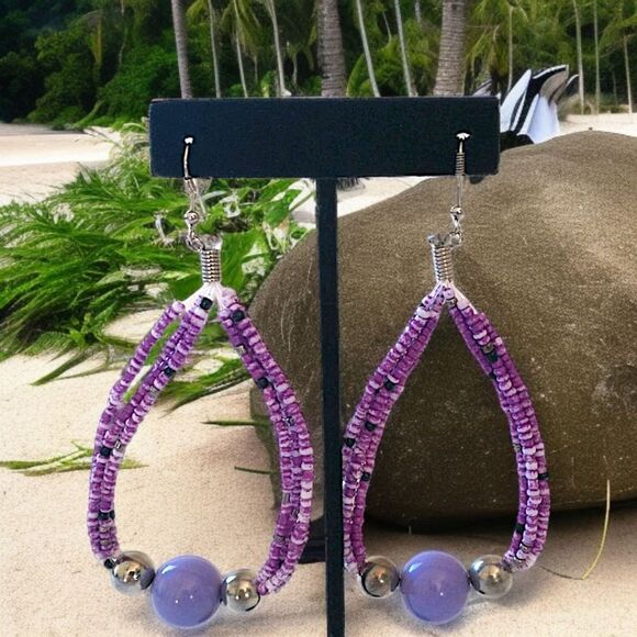 Bohemian Beaded Earrings Hoop Lilac Dangle Drop Handmade Beach Large Lightweight - Picture 1 of 16